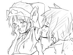 1boy 1girls ainu_clothes arm_behind_head armpit_fetish armpits blush covering_face female hair_ribbon highres hisame_shizumaru japanese_clothes licking licking_armpit male monochrome open_mouth ribbon rimururu samurai_shodown shizumaru_hisame sketch snk sweat tongue tongue_out