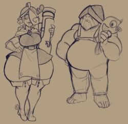 1boy 1girls 2d 2d_(artwork) 2d_artwork big_breasts clash_royale elpiromanias evolution_musketeer_(clash_royale) exaggerated_anatomy fat_ass fisherman_(clash_royale) musketeer_(clash_royale) seductive_look seductive_smile sketch sketch_page thick_thighs