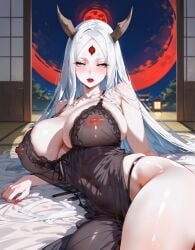 ai_generated horns huge_breasts lewdwaifulaifu lingerie makeup naruto otsutsuki_kaguya slim_waist solo solo_female solo_focus