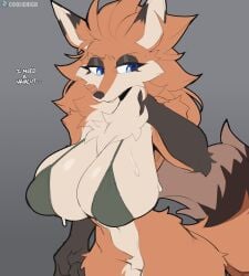 anthro belly belly_button big_breasts big_ears bikini bikini_top black_hands black_tail_tip black_thighhighs blue_eyes bottomless bottomless_female chest_tuft cleavage cooliehigh cut_ear ear_piercing female fox fox_girl fur_tuft furry ginger_(cooliehigh) gold_bracelet gray_background looking_angry no_pants no_shirt sagging_breasts sideboob simple_background tagme tail thick_thighs thighhighs