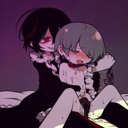 1boy 1girls chains collar fingering flat_chest flat_chested funamusea_(artist) masturbating_other masturbation nipples official_art original tongue_out underwear