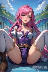 ai_generated blue_eyes blush boots breasts brown_footwear bulge choker collarbone earrings futarush gloves jewelry league_of_legends league_of_legends:_wild_rift long_hair looking_at_viewer outdoors panties parted_lips patreon patreon_username pink_hair pool puffy_short_sleeves riot_games seraphine_(league_of_legends) short_sleeves sitting solo spread_legs sultryspark thighhighs underwear white_gloves white_thighhighs