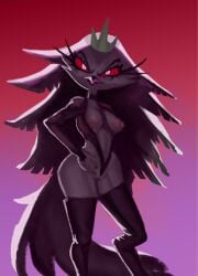 anatid angry anseriform anserinae anthro avian avian_demon backlighting beak bird breasts clothing crown demon exposed_breasts feathers female headgear helluva_boss korsia legwear light lighting male red_eyes simple_background solo stella_(helluva_boss) swan tail thick_thighs thigh_highs white_body