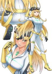 1girls ass big_breasts blonde_hair bodysuit boots breasts core_crystal gloves goggles goggles_on_head large_breasts long_hair looking_at_viewer mythra nintendo racing_suit scarf thigh_strap tiara white_bodysuit xenoblade_(series) xenoblade_chronicles_2 yellow_eyes yuda_nf