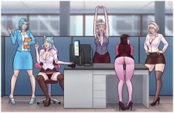 5girls baldur's_gate_3 black_panties blouse blue_panties crossover dungeons_and_dragons female female_only half-elf high_heels indie_virtual_youtuber lechono lind multiple_girls nier:_automata office_chair office_clothing office_lady oh_my_goddess! serana shadowheart silvervale skyrim upskirt vampire_girl virtual_youtuber wolf_girl yorha_2b