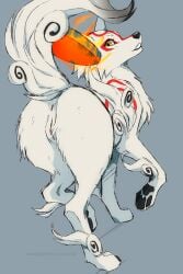 2020 2:3 amaterasu_(okami) anus ass azzai black_nose butt_focus canid canine canis capcom clover_studio curled_fur deity eyelashes feet female female_feral feral fire fluffy fur genitals grey_background humanoid_genitalia humanoid_genitalia_on_feral humanoid_pussy humanoid_pussy_on_feral looking_at_viewer looking_back looking_back_at_viewer mammal markings okami_(capcom) paws presenting presenting_hindquarters presenting_pussy pussy raised_tail rear_view red_markings shaded simple_background solo tail text tuft url walking watermark white_body white_fur wolf yellow_eyes