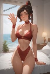 ai_generated avatar_legends avatar_the_last_airbender bikini blush blushing_at_viewer brown_hair cute cute_girl face_to_die_for jaajaai navel nickelodeon perfect_body ponytail smile submissive submissive_female sweatdrop tagme ty_lee wave