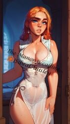 1girls ai_assisted blue_eyes braid cheongsam chinese_clothes cleavage curvaceous female female_only freckles hourglass_figure large_breast no_bra no_panties qipao red_hair seductive see-through sibeal sibeal_anisley solo standing transparent_clothing white_dress wide_hips