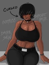 1girls 2d 2d_(artwork) big_breasts black_clothing black_hair black_hair_female breasts collar dark-skinned_female dark_skin escriba female female_focus female_only front_view goth goth_girl looking_at_viewer short_hair sitting smile smiling smiling_at_viewer solo solo_female solo_focus thick_thighs thighs