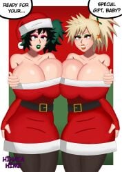 christmas female_bakugou female_deku fully_clothed hinata-hime huge_breasts izuku_midoriya katsuki_bakugou my_hero_academia queen_hina revealing_clothes santa_claus_(cosplay) santa_costume santa_hat tagme