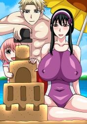 anya_forger beach big_ass big_breasts black_hair breasts clothed clothes codename_fang color colored female full_color light-skinned_female light_skin loid_forger netorare nipples ntr pink_hair playing sandcastle spy_x_family swimsuit wife yellow_hair yor_briar