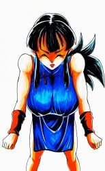 1girls area5169458561 bent_over big_breasts chichi chinese_clothes closed_eyes dragon_ball dragon_ball_z female fully_clothed tongue_out traditional_media_(artwork)