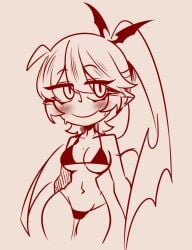 1girls big_breasts bikini black_angel157 blush breasts cropped_legs funamusea large_breasts long_hair monochrome navel pointy_ears ponytail rawberry_preserves smug solo sweat the_gray_garden thighs wings