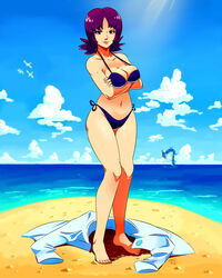 1girls beach bikini blue_bikini breasts brown_eyes cleavage clouds curvaceous feet female female_only full_body gyarados human human_only large_breasts looking_at_viewer navel nintendo outdoors pale-skinned_female pale_skin philena_ivy pokemon pokemon_professor pokemon_rgby purple_hair ravenousruss short_hair side-tie_bikini solo standing thigh_gap