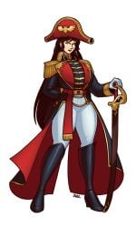 admiral aquila_(symbol) arm_behind_back belt big_breasts big_hat black_hair black_lipstick blazbaros boots cape captain cloak crystal fancy fancy_clothing fully_clothed gem gemstone gloves gold_(metal) gold_clothes gold_clothing gold_trim green_eyes hand_behind_back hat jewelry lipstick long_boots long_hair military_uniform noble noblewoman red_crystal red_gem red_gemstone ribbon rogue_trader rogue_trader_(video_game) royal royalty soldier solo solo_female solo_focus sword thick_thighs uniform warhammer_(franchise) warhammer_40k white_background wide_hips