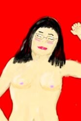 asian asian_female black_hair blush breasts breasts_out butterbrick closed_eyes female female_focus female_only glasses lipstick nail_polish naked_female nipples no_bra nude_female