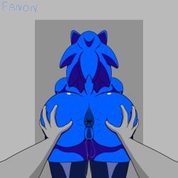 1boy 1girls anon anonymous_male anthro ass asshole back_view big_ass blue_body fanon female female_anthro first_person_view grabbing_ass grey_hands latex male male_pov pov pussy rear_view sonic.exe_(series) sonic_(series) unseen_character unseen_male_face