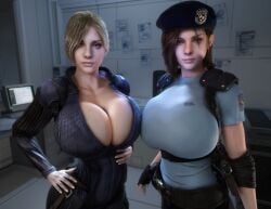 2girls 3d alternate_breast_size alternate_hair_color alternate_hairstyle alternate_self beret big_breasts blonde_hair bodysuit breasts breasts_bigger_than_head brown_hair capcom clothed clothed_female female female_only fingerless_gloves gloves hand_on_hip hand_on_own_hip hat high_resolution highres hourglass_figure huge_breasts human human_female human_only jill_valentine jill_valentine_(blonde) large_breasts light-skinned_female looking_at_viewer multiple_females multiple_girls open_bodysuit open_clothes ponytail resident_evil resident_evil_3 resident_evil_5 shirt slim_waist small_waist tactical_gear thin_waist top_heavy unzipped unzipped_bodysuit upper_body vaako