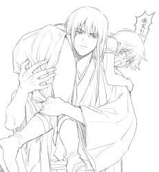 1boy 1girls ass blush canon_genderswap carrying carrying_over_shoulder embarrassed female fully_clothed genderswap_(mtf) ginko_sakata gintama gintoki_sakata katsura_kotarou kimono llemonyyyy long_hair_male looking_back male monochrome rule_63 short_hair sketch spiral_eyes sweat thighs