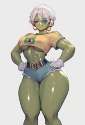 ai_generated big_ass brazilian brazilian_cheelai brazilian_miku cheelai curvy curvy_figure dragon_ball dragon_ball_super female female_focus gloves scouter smile thick_thighs thighs tinted_eyewear