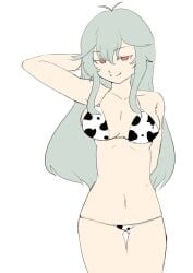 arm_behind_head breasts chaos_aurora_(grimms_notes) cow_print_bikini flat_color grimms_notes light_blue_hair long_hair navel not_porn pikokame red_eyes sfw simple_background smile unfinished white_background