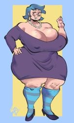 aged_up blue_hair gilf heels hoop_earrings lipstick milf miriam_(wandersong) mrxharlequinn nipples_visible_through_clothing pearl_necklace pointy_nose sagging_breasts stockings veiny_breasts wandersong wide_hips wrinkles