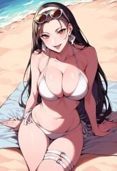 ai_generated beach bikini black_hair breasts chizuru_kagura female king_of_fighters large_breasts long_hair looking_at_viewer navel sitting smile