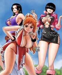 3girls black_hair boa_hancock bonne_jenet bonne_jenet_(cosplay) female female_focus female_only iury_padilha king_of_fighters mai_shiranui mai_shiranui_(cosplay) nami nico_robin one_piece orange_hair shermie_(cosplay) shermie_(kof)