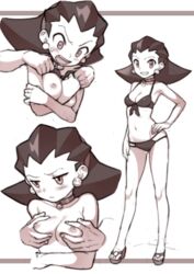 1girls 1other annoyed biggumane bikini bikini_lift blush breast_grab breasts capcom earrings embarrassed female greyscale groping_breasts groping_from_behind hairband mega_man mega_man_legends navel nipples sandals shocked small_breasts swimsuit topless tron_bonne