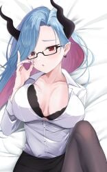 artist_request blue_hair body_pillow_design bra breasts cleavage cola_senami demon_girl demon_horns glasses large_breasts looking_at_viewer lying_on_back office_lady purple_nails red_eyes vtuber vtuberfanart