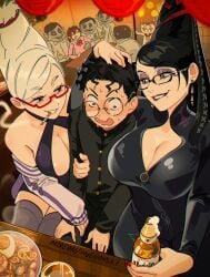 1boy 2girls ass ayase_momo ayase_seiko bayonetta bayonetta_(character) big_ass big_breasts big_penis big_tits couple_(romantic) crossover dandadan dark_skin demon_boy dominant_female horny_female kissing light-skinned_female light-skinned_male light_skin love milf mommy nerd nude romantic school_uniform slut_collar snegovski student takakura_ken_(okarun) vaginal_fluids younger_male