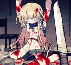 blonde_hair blood chains crying flat_chest funamusea funamusea_(artist) gore guro knife ripped_clothing stabbed tied_up