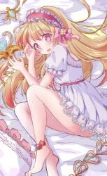 alternate_costume bed bed_sheet blonde_hair blush chaos_marie_(grimms_notes) female flower_ornament grimms_notes hair_ribbon heart heart-shaped_pupils highres jewelry long_hair lying necklace open_mouth pajamas pillow pink_eyes ribbon ronriya3 solo symbol-shaped_pupils wand weapon white_pajamas