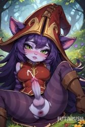 ai_generated animal_ears anus blush breasts brown_footwear erection flower futanari futarush green_eyes hat league_of_legends league_of_legends:_wild_rift long_hair looking_at_viewer lulu_the_fae_sorceress newhalf outdoors pantyhose patreon patreon_username penis purple_hair riot_games sitting solo spread_legs sultryspark testicles torn_clothes torn_legwear uncensored