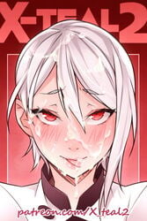 artist_name blush cum cum_on_hair face facial female licking_lips looking_at_viewer nakiri_alice red_eyes shokugeki_no_souma silver_hair smile solo tongue tongue_out watermark web_address x-teal