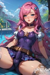 ai_generated blue_eyes blush boots breasts brown_footwear bulge choker collarbone earrings futarush gloves jewelry league_of_legends league_of_legends:_wild_rift long_hair looking_at_viewer outdoors panties parted_lips patreon patreon_username pink_hair pool puffy_short_sleeves riot_games seraphine_(league_of_legends) short_sleeves sitting solo spread_legs sultryspark thighhighs underwear white_gloves white_thighhighs