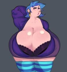 aged_up blue_hair bra breasts_bigger_than_head chubby_female cleavage hips_wider_than_shoulders hoop_earrings milf miriam_(wandersong) mrxharlequinn pointy_nose sagging_breasts stockings undersized_clothes wandersong witch