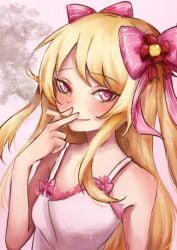 alternate_costume artist_request babydoll blonde_hair blush chaos_marie_(grimms_notes) cigarette female grimms_notes hair_ribbon heart heart-shaped_pupils long_hair pink_background pink_eyes ribbon smile smoke smoking solo symbol-shaped_pupils upper_body