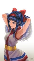 1girls ainu_clothes armpits arms_behind_head artist_name blue_eyes blue_hair breasts dargain_x female female_only hair_ribbon half-closed_eyes highres king_of_fighters legs long_hair medium_breasts nakoruru pants pose posing ribbon samurai_shodown seductive seductive_look sensual sexy_armpits snk solo thighs