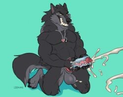 anthro broken_sex_toy canid canine canis ejaculation kneeling lddraws male mammal masturbation muscular mythological_canine mythological_creature mythology penetrable_sex_toy sex_toy smile solo toothy_grin werecanid werecanine werecreature werewolf wolf