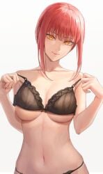 bangs bare_shoulders black_bra black_panties bra breasts chainsaw_man cleavage closed_mouth collarbone female large_breasts long_hair looking_at_viewer makima_(chainsaw_man) medium_breasts navel panties red_hair ringed_eyes sidelocks simple_background sirimof smile solo stomach underboob underwear underwear_only white_background yellow_eyes