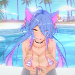 1girls 2023 3d areola_slip areolae big_areola bikini breasts cat_ears catgirl deluxe_rosie erect_nipples female female_only huge_breasts indie_virtual_youtuber micro_bikini nipple_bulge outdoors pool rosie_(vtuber) solo solo_female string_bikini tan-skinned_female tan_body tan_skin virtual_youtuber