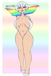 big_thighs bikini high_heels kill_la_kill kiryuuin_ragyou large_thighs leekcheek legs long_legs looking_at_viewer looking_down micro_bikini milf rainbow_hair sling_bikini slingshot_swimsuit thick thick_hips thick_legs thick_lips thick_thighs thighs white_hair