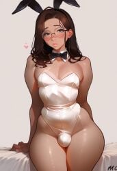 1boy ai_generated androgynous black_eyes brown_hair bulge bunnysuit civitai claire_(truep81) crossdressing curvy femboy feminine_male girly glasses heart long_hair looking_at_viewer male male_focus male_only rabbit_ears skindentation thighs truep81_(artist) white_bunnysuit