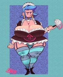 angry beauty_mark blue_hair boots feather_duster garter_belt grouchy heels hoop_earrings lipstick maid_outfit maid_uniform miriam_(wandersong) mole_on_breast mrxharlequinn pointy_nose stockings undersized_clothes visible_underwear wandersong