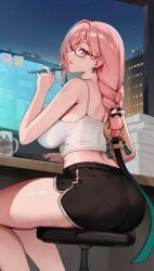 1girls ass booty_shorts breasts dat_ass female foxyrain_(foxyreine) foxyreine glasses hi_res hoyoverse huge_ass large_breasts light-skinned_female light_skin long_hair pink_hair short_shorts shorts tank_top tsukishiro_yanagi zenless_zone_zero