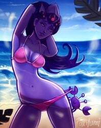 bikini female_only foxilumi overwatch purple_hair solo widowmaker