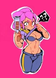 2024 ?? bandage bandage_on_face black_eyes blush bra brawl_stars breasts cleavage female female_focus female_only gun huhujujuy long_hair pants pink_background pink_hair shelly_(brawl_stars) shirt shirt_lift tan_body tan_skin text text_bubble tied_hair weapon