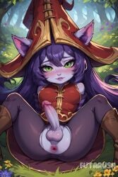 ai_generated animal_ears anus blush breasts brown_footwear erection flower futanari futarush green_eyes hat league_of_legends league_of_legends:_wild_rift long_hair looking_at_viewer lulu_the_fae_sorceress newhalf outdoors pantyhose patreon patreon_username penis purple_hair riot_games sitting solo spread_legs sultryspark testicles torn_clothes torn_legwear uncensored