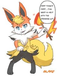 anthro blaketheflareon blaketheflareon_(character) blue_eyes braixen canine eeveelution female fire flareon fox fur furry hybrid looking_at_viewer mammal nintendo pokémon_(species) pokemon pokemon_(species) pussy rule_63 semi-anthro speech_bubble text video_games wet